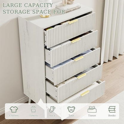 LYNSOM Fluted 5 Drawers Dresser, 45" Tall Modern Chest of Drawers with Curved Profile Design and Metal Handle, Wood Drawer Organizer for Bedroom, Living Room, Hallway, Entryway, White