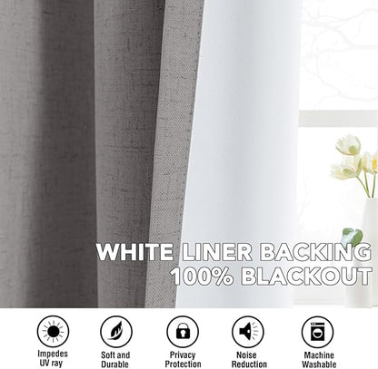 H.VERSAILTEX Linen Curtains 100% Blackout Curtains for Bedroom 54 inch Long Full Light Blocking Nature Linen Blended Window Curtains for Living Room Nickel Grommet (2 Panels, Heathered Dove)