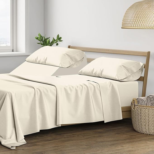 THREAD SPREAD Split King Sheets Sets for Adjustable Bed - 400 Thread Count 5 PC Sateen Split Sheet Set, Cooling Cotton Sheets, 2 Twin-XL Fitted Sheets, 16" Deep Pocket Split King Sheet (Ivory)