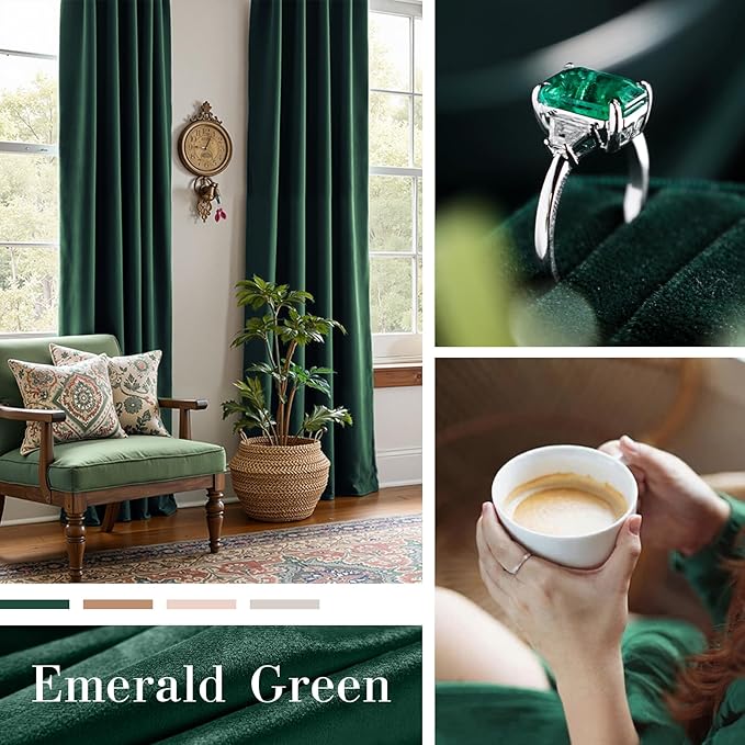Lazzzy Velvet Blackout Curtains Thermal Insulated Room Window Drapes Super Soft Luxury Curtains for Living Room Bedroom Rod Pocket 2 Panels, Emerald Green, 42" W x 96" L