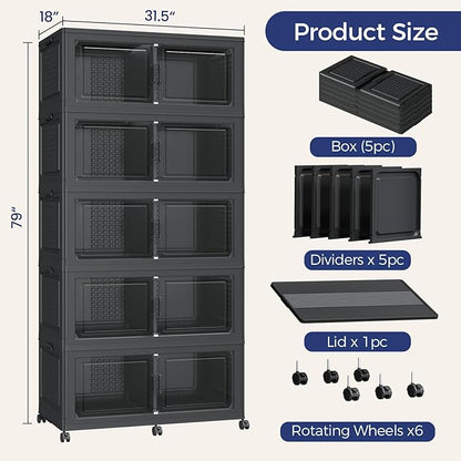 250GAL Storage Bins with Lid and Wheels, Stackable Closet Organizers and Storage Drawer, Collapsible Storage Box with Dividers, Foldable Plastic Cabinets for Room, Kitchen, 5 Pack Black