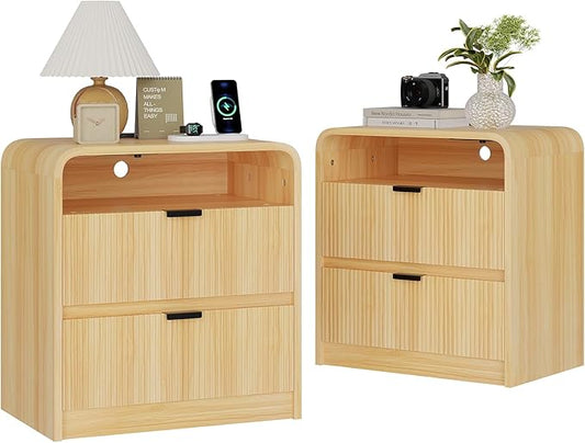 FURSUN 24" Fluted Nightstand Set of 2 with Charging Station, Wooden End Table with 2 Drawers Storage, Curved Profile Design, Modern Bedside Cabinet for Bedroom, Natural Oak