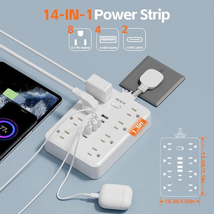 Surge Protector Power Strip(900J) -MCSCN 8 Outlets 6 USB - 15A/1875W - Ultra-Thin Plug & Cord - UL Certified - Home/Office Use