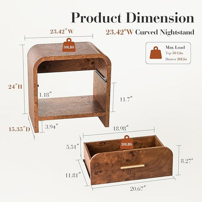Night Stand Set of 2 [Unique Curved Profile] [FSC-Certified Wooden Board] 1-Drawer and 1 Storage Shelf Nightstand 24" H Metal Handle Modern Bedside Table Side Table End Table