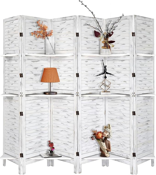 Bonnlo Wood Room Divider Privacy Screen, 5.9 Ft Tall Folding Partition Wall Divider, Indoor Freestanding Hinged Space Separator (Grey, 6 Panel with Shelves)