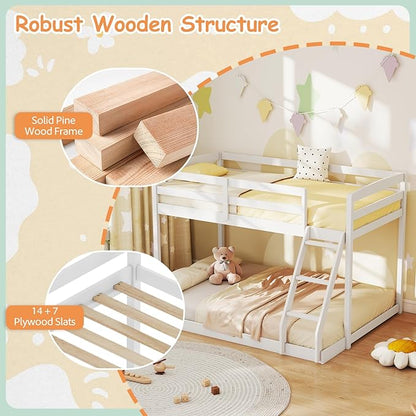 KOMFOTT Low Bunk Bed Twin Over Full, Solid Wood Twin Bed Frame with Built-in Ladder & Safety Guardrails, Space-Saving Low Bunk Bed for Kids, Teens, No Box Spring Needed