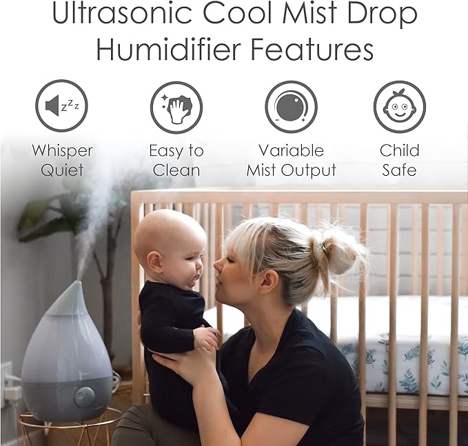 Crane Ultrasonic Teardrop Cool Mist Humidifier, Large 1 Gal Tank, Automatic Shut-Off, Baby Humidifiers for Nursery and Bedroom, Grey