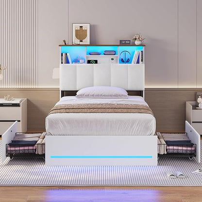 AOGLLATI Twin Bed Frame with 4 Storage Drawers & Charging Station & LED Lights, Twin Bed Frames with Stylish Bookcase Headboard, Led Bed Frame with Metal Slats, No Box Spring Needed,White