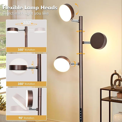 Tree Floor Lamp for Living Room - Modern Brown Standing Lamp, LED Floor Light with Remote & Touch, 3000K-6000K Dimmable for Bedroom Office Reading (3 Head)