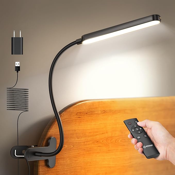 Glocusent 38 LED Clip On Light: 5W Eye Caring Book Lights for Reading at Night - 5 Color & 5 Brightness with a Remote, 30-Min Auto Off Timer, Multi-Purpose Clip Lamp for Bed Reading/Studying/Working