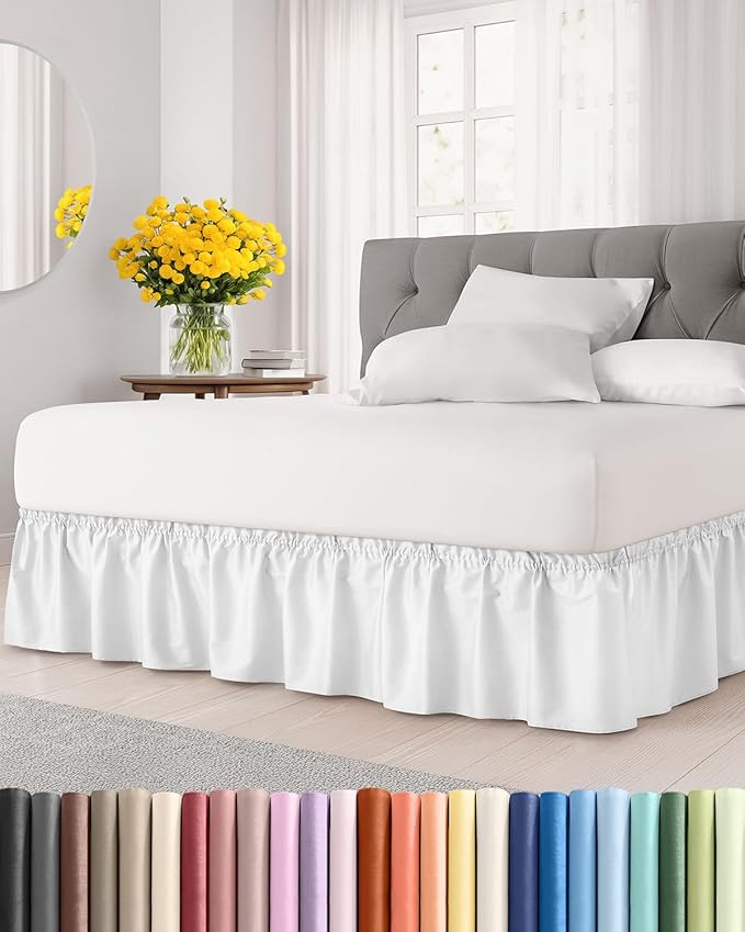 Wrap Around Dust Ruffle Bed Skirt - White - for Full Size Beds w/ 14 Inch Drop - Easy Fit Elastic Strap - Adjustable Pleated Bedskirt w/Brushed Fabric, Wrinkle & Fade Free Women, Men, Kids & Teens