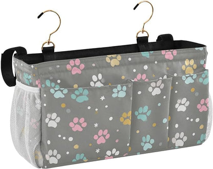 Bedside Caddy Hanging Bunk Bed Caddy Bed Organizer Hanging Pocket with 2 Hooks Bedside Storage Organizer Pocket Bag Holder Paw Print Dots Stars Grey