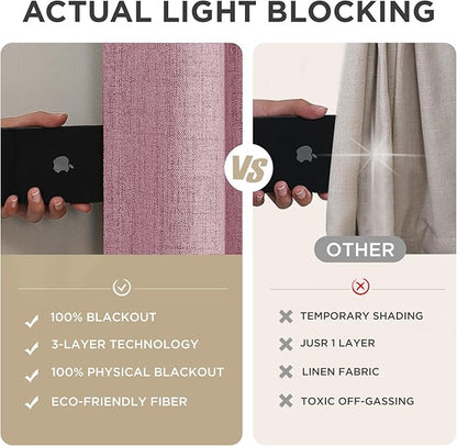 Joydeco Linen Blackout Curtains for Bedroom - 100% Light Blocking 1 Panels, Pink Drapes 100" W x 120" L, Thermal Insulated Room Darkening Curtains for Living Room, Rod Pocket & Back Tabs