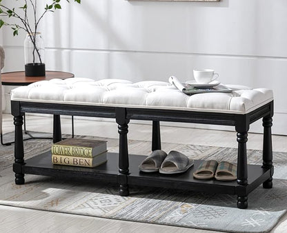 Kmax Storage Entryway Bench Tufted Shoe Rack Bench Black Wood Window Bench for Hallway Entrance Bedroom Corner, Beige