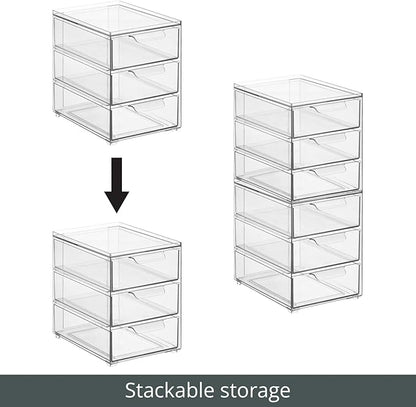 mDesign Plastic Stackable Organizer with 3 Drawers - Pull-Out Drawer Storage Bin for Bathroom Sink/Cabinet Organization - Perfect for Makeup, Small Towels, and More - Lumiere Collection, Clear