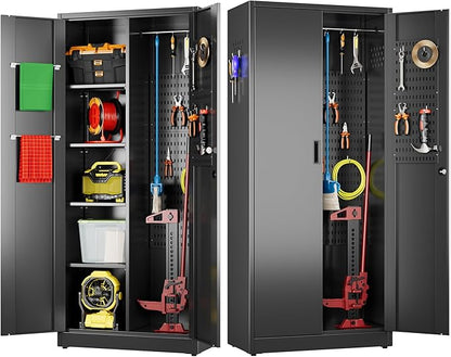 33.93 in Wide Garage Storage Cabinet, Metal Storage Cabinet with Pegboards and 4 Adjustable Shelves, Garage Storage System with Lockable Door for Offices, Gyms and Pantries, Black