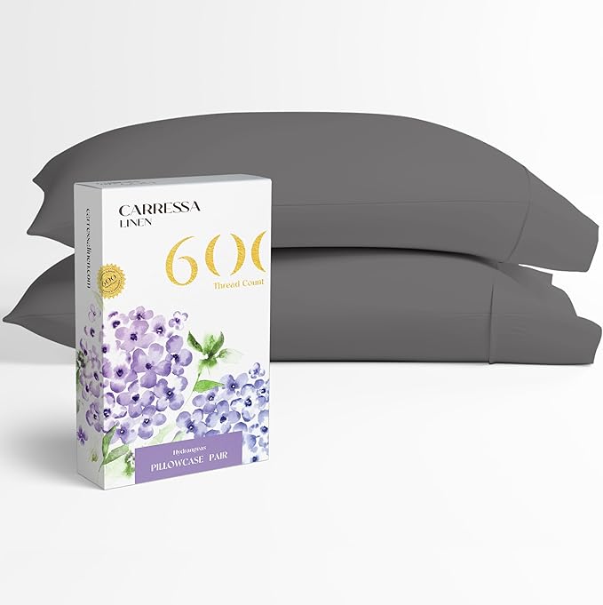 Carressa Linen 100% Egyptian Cotton King Size Pillow Cases Set of 2 - Luxury 600 Thread Count King Pillowcases (Dark Grey), Silky Soft, Cooling, Breathable Sateen Weave Hotel Quality Bed Pillow Cover