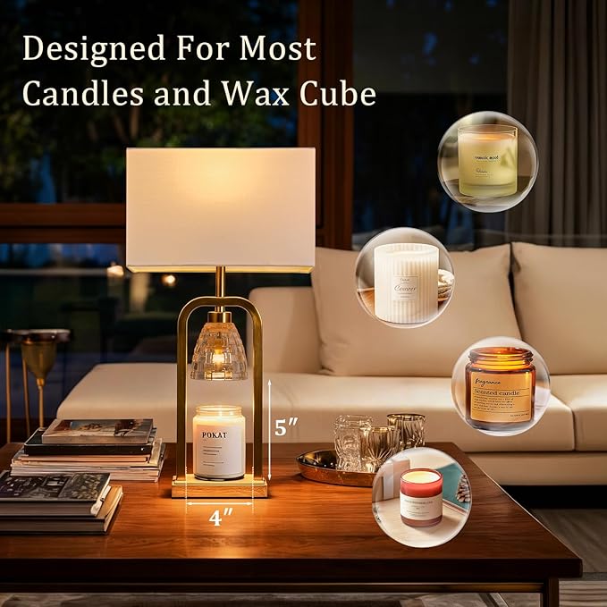 PoKat Gold Table Lamps for Bedroom with Candle Warmer & Timer, Mid Century Modern Bedroom Lamps for Living Room Night Stands, Bedside Lamps for End Table, Dinning, Bathroom, Bulbs Included