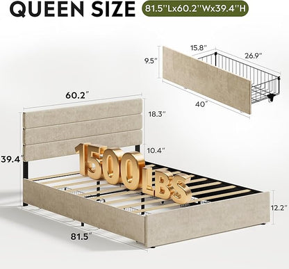 WLIVE Queen Size Upholstered Bed Frame with 4 Storage Drawers and Headboard, Velvet Platform Bedframe, Sturdy Metal & Wooden Slats Support, No Box Spring Needed, Easy Assembly, Beige
