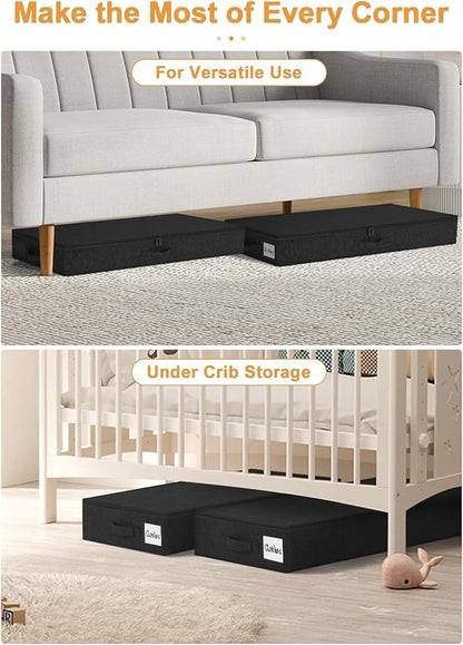 punemi Under Bed Storage Containers, 4.5 Inches Tall Low Profile Underbed Clothes Storage Organizer Bin with Sturdy Side & Bottom, Use as Shallow Dorm Storage Under Bed, Flat Clothes Organizer, Black