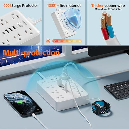 Surge Protector Power Strip(900J) -MCSCN 8 Outlets 6 USB - 15A/1875W - 10ft Extension Cord,Ultra-Thin Plug & Cord - UL Certified - Home/Office Use