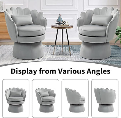 360° Swivel Accent Chairs Set of 2, Mid-Century Modern Velvet Barrel Chair, Comfy Shell Shape Chair with Lumbar Pillow for Living Room, Bedroom, Office, Grey