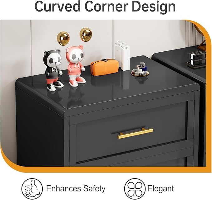 Metal Dresser for Bedroom, Small Dresser with Drawers, 2 Dressers & Chests of Drawers with Curved Corner, Storage Cabinet for Nightstand, Living Room, Hallway, Entryway (Black, 24" W)