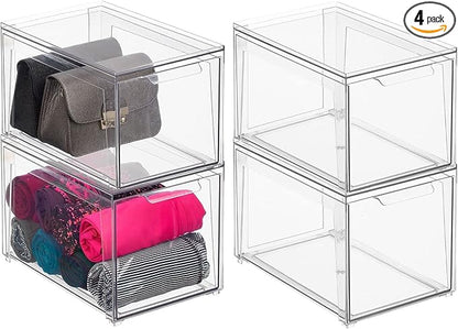 mDesign Plastic Stackable Closet Storage Organizer Bins with Pull Out Drawer for Cabinet, Desk, Shelf, Cupboard, or Dresser Organization - Lumiere Collection - 4 Pack - Clear
