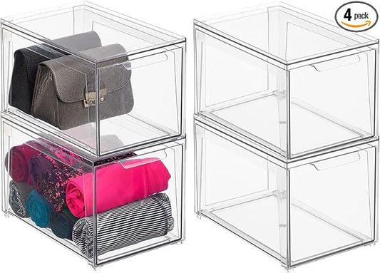 mDesign Plastic Stackable Closet Storage Organizer Bins with Pull Out Drawer for Cabinet, Desk, Shelf, Cupboard, or Dresser Organization - Lumiere Collection - 4 Pack - Clear