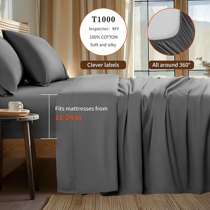 LBRO2M 100% Cotton Sheets Set Deep Pocket 24", 1000 Thread Count Queen Size 4 Piece Bed Sheet Sets Soft Comfortable Bedding All Season (Queen, Dark Gray)