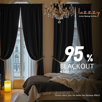 Lazzzy Velvet Blackout Curtains Thermal Insulated Room Window Drapes Super Soft Luxury Curtains for Living Room Bedroom Rod Pocket 2 Panels, Black, 62" W x 84" L