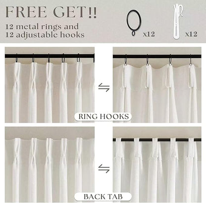 Extra Wide 60 Inch Width Pinch Pleated Curtains 90 Inch Length for Living Room Thick Linen Boho Curtain Memory Shape Light Filtering Privacy for Bedroom Large Windows Hooks Rings Cream 1 Panel 60x90