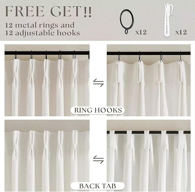 Extra Wide 60 Inch Width Pinch Pleated Curtains 96 Inch Length for Living Room Thick Linen Boho Curtain Memory Shape Light Filtering Privacy for Bedroom Large Windows Hooks Rings Cream 1 Panel 60x96