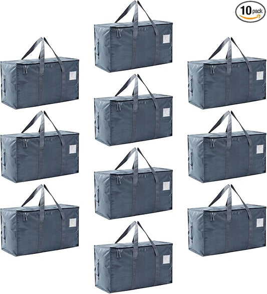 Moving Bags Heavy Duty Extra Large, Moving Boxes, Moving Supplies Essentials, Storage Bins with Lids, Plastic Packing Totes, Storage Bags for Clothes with Handles & Zippers(Grey, 10 Pack)