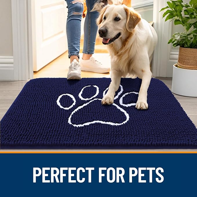 OLANLY Dog Door Mat for Muddy Paws 24x16, Paw Print Design, Absorbs Moisture and Dirt, Absorbent Non-Slip Washable Doormat, Quick Dry Chenille Mud Mat for Dogs, Entry Indoor Entryway Carpet, Navy Blue
