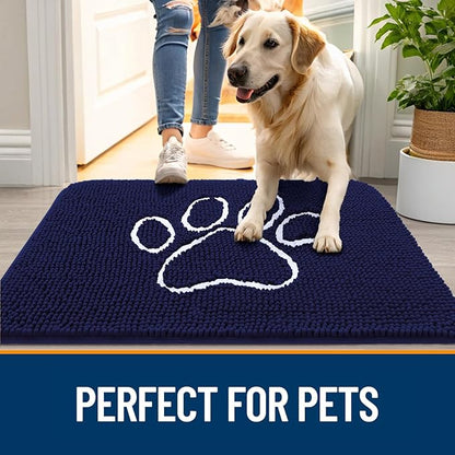 OLANLY Dog Door Mat for Muddy Paws 40x32, Paw Print Design, Absorbs Moisture and Dirt, Absorbent Non-Slip Washable Doormat, Quick Dry Chenille Mud Mat for Dogs, Entry Indoor Entryway Carpet, Navy Blue