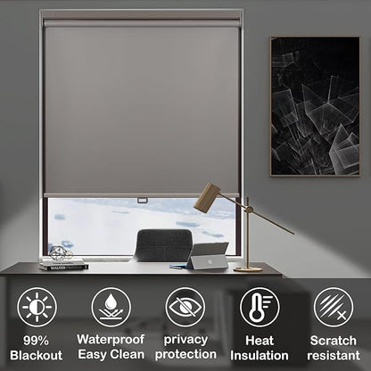HESTIA No Drill Cordless Blackout Roller Shades Screwless Waterproof Shower Window Blinds, Auto-Retraction Easy Install Blind for Bathroom/Kitchen/Office/Exterior, Grey, 49.5" W x 54" H