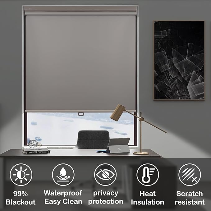 HESTIA No Drill Cordless Blackout Roller Shades Screwless Waterproof Shower Window Blinds, Auto-Retraction Easy Install Blind for Bathroom/Kitchen/Office/Exterior, Grey, 23" W x 72" H