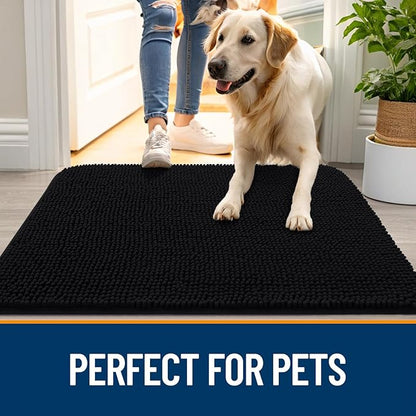 OLANLY Dog Door Mat for Muddy Paws 59x32, Absorbs Moisture and Dirt, Absorbent Non-Slip Washable Doormat, Quick Dry Chenille Mud Mat for Dogs, Entry Indoor Entryway Carpet for Inside Floor, Black