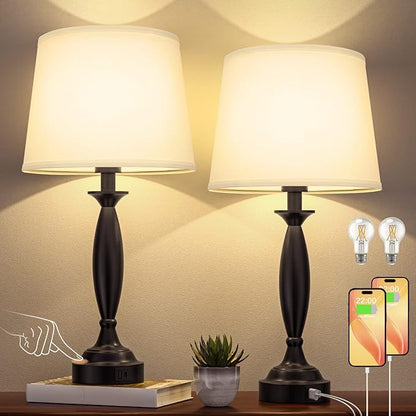 Seealle White Lamps for Bedrooms Set of 2 - Touch Control Bedside Lamp with USB C+A, 3 Way Dimmable Nightstand Lamps with USB Port, Table Lamp for Living Room(White Shade and Black Base)