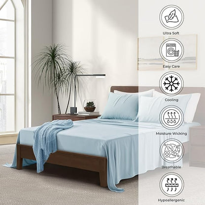 Luxury Bamboo Market | King Size Bed Sheet Set | 100% Viscose Made from Bamboo | Organically Grown | Ultra Soft | Cooling Sheets for Hot Sleepers | 17" Deep Pocket [Spa Blue]