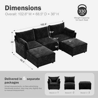 ABCASA 102.6" U Shaped Modular Sectional Sofa, 5 Seater Couch with Storage Ottoman Deep Seat and High Backrest with Removable Cover for Living Room, Apartment - Chenille Black