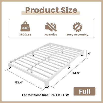 ROIL 4 Inch White Full Bed Frame with Rounded Corner and Mattress Retainers, 3500LBS Heavy Duty Steel Slats No Box Spring Needed Platform Noise-Free Easy Assembly