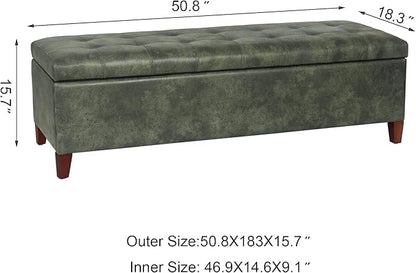 Joveco Storage Ottoman Bench, 51 Inch Tufted Leather Rectangle Bench for End Foot of Bed, Bedroom, Living Room, Deep Green