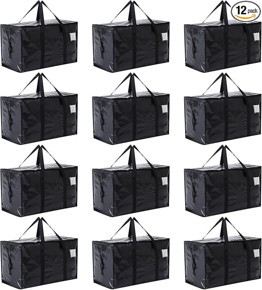 Moving Bags Heavy Duty Extra Large, Moving Boxes, Moving Supplies Essentials, Blue Storage Bins with Lids, Plastic Packing Totes, Storage Bags for Clothes with Handles & Zippers(Black, 12 Pack)