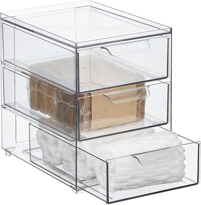 mDesign Plastic Stackable Organizer with 3 Drawers - Pull-Out Drawer Storage Bin for Bathroom Sink/Cabinet Organization - Perfect for Makeup, Small Towels, and More - Lumiere Collection, 4 Pack, Clear