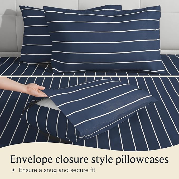 LuxClub 4 PC Full Sheet Set, Deep Pockets Wrinkle Free Cooling Bed Sheets Hotel Bedding for Women, Men, Includes 1 Fitted Sheet, 1 Flat Sheet and 2 Pillowcases-Striped - Navy