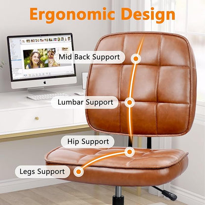 CLATINA Armless Home Office Chair with Lumbar Support and Wheels, Small PU Leather Ergonomic Low Back Desk Chairs No Arms, Adjustable Height 360° Swivel Rolling Computer Task Chair, Brown, 2 Pack