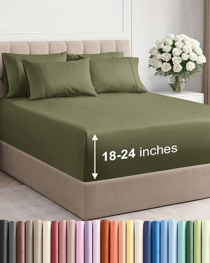 Extra Deep Queen Sheet Set - 6 Piece Breathable & Cooling Sheets - Hotel Luxury Bed Sheets Set - Easy & Secure Fit - Soft, Wrinkle Free & Comfy Sheets Set - Sage Green Sheet Set w/Extra Deep Pockets