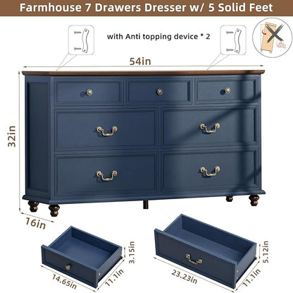 Farmhouse Furniture Set, Nightstands Set of 2 and 7 Drawers Dresser for Bedroom, 54 Inch Wide Wood Dresser and 24" Night Stands with Charging Station for Bedroom, Living Room, Hallway